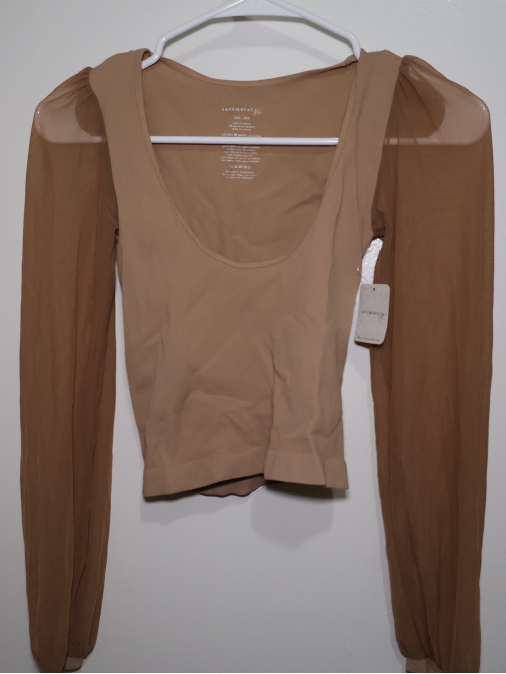 Free People Tan Sheer Puff Sleeve Scoop Crop Top